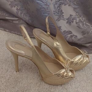 Joan & David Gold Woven Slingback Heels
